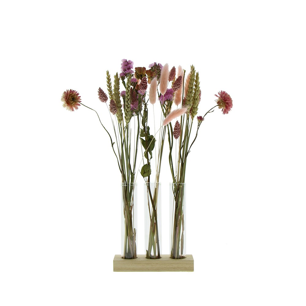Dried Flowers - Trio tube & wood large - roze