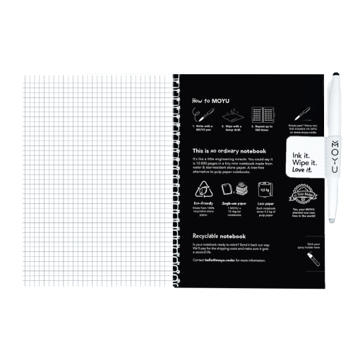 MOYU Uitwisbaar Steenpapier Notitieboek A5 Premium – 40 Pagina’s, Pitch Black, Ruitjes
