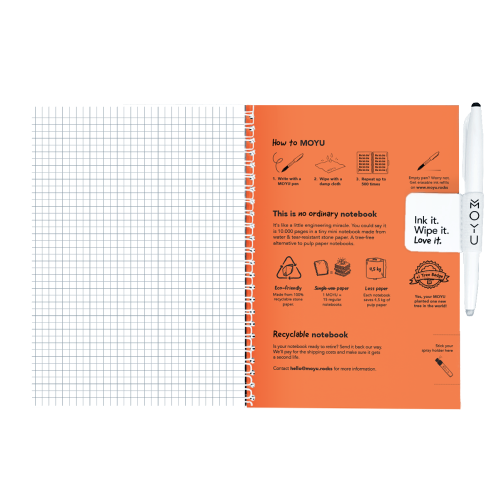 MOYU Uitwisbaar Steenpapier Notitieboek A5 Hardcover – 40 Pagina’s, Sunset Orange, Ruitjes